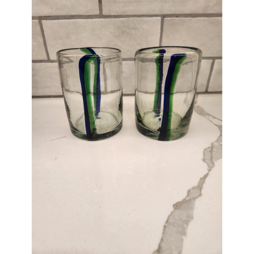 Anthropologie Clare V Striped  Hand Blown Tumblers, Set of 2 Clear Blue & Green